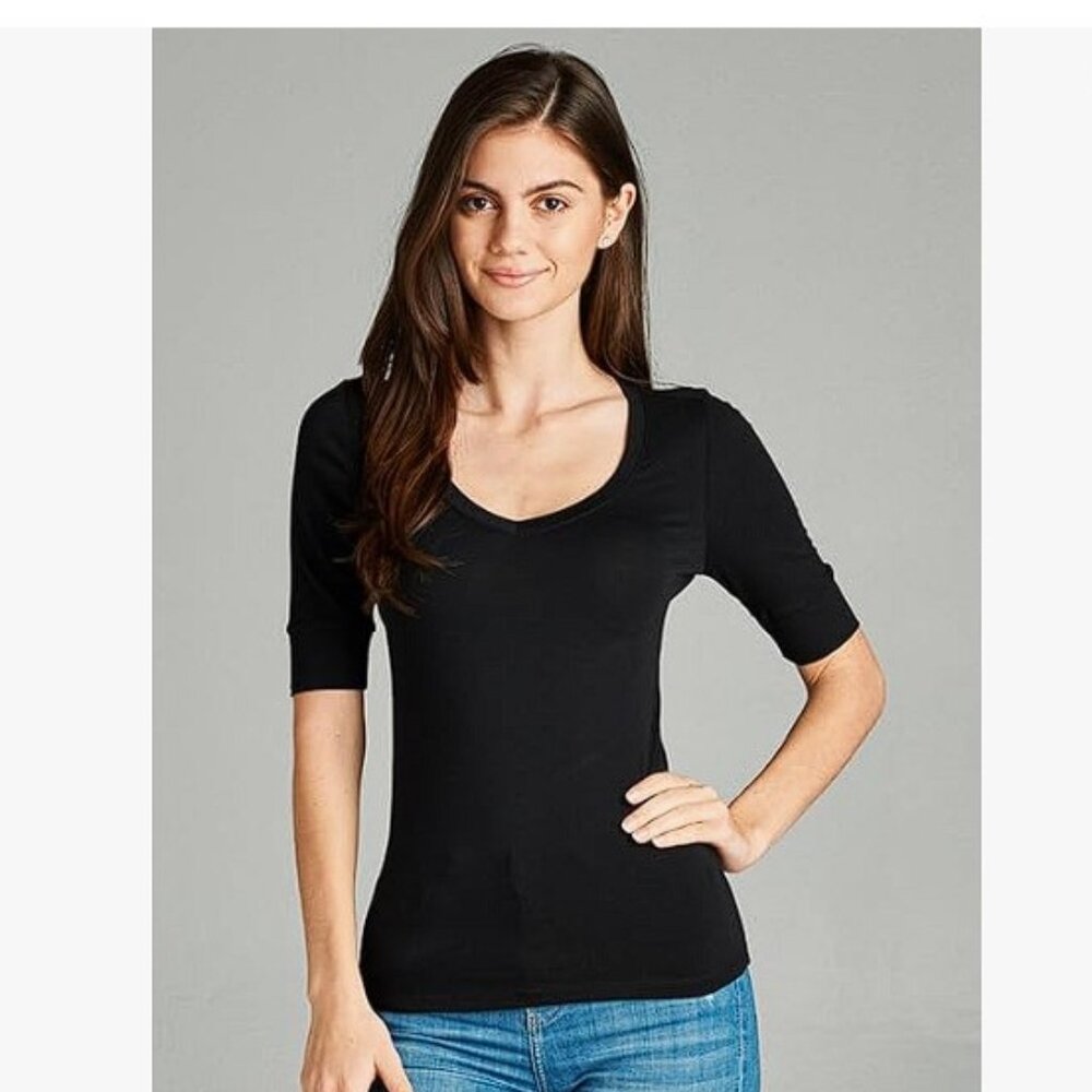 Women's Basic Elbow Sleeve V-Neck - Picture 2 of 3